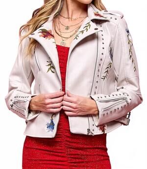 NEW CEZELE leather floral jacket in white